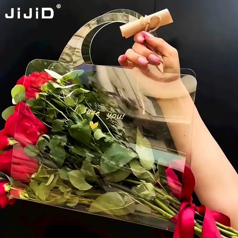 JIJID Custom New Floral Packaging Valentine's Day Simple Portable PVC Bag Gift Bouquet Flower Clear Plastic Bag With Handle