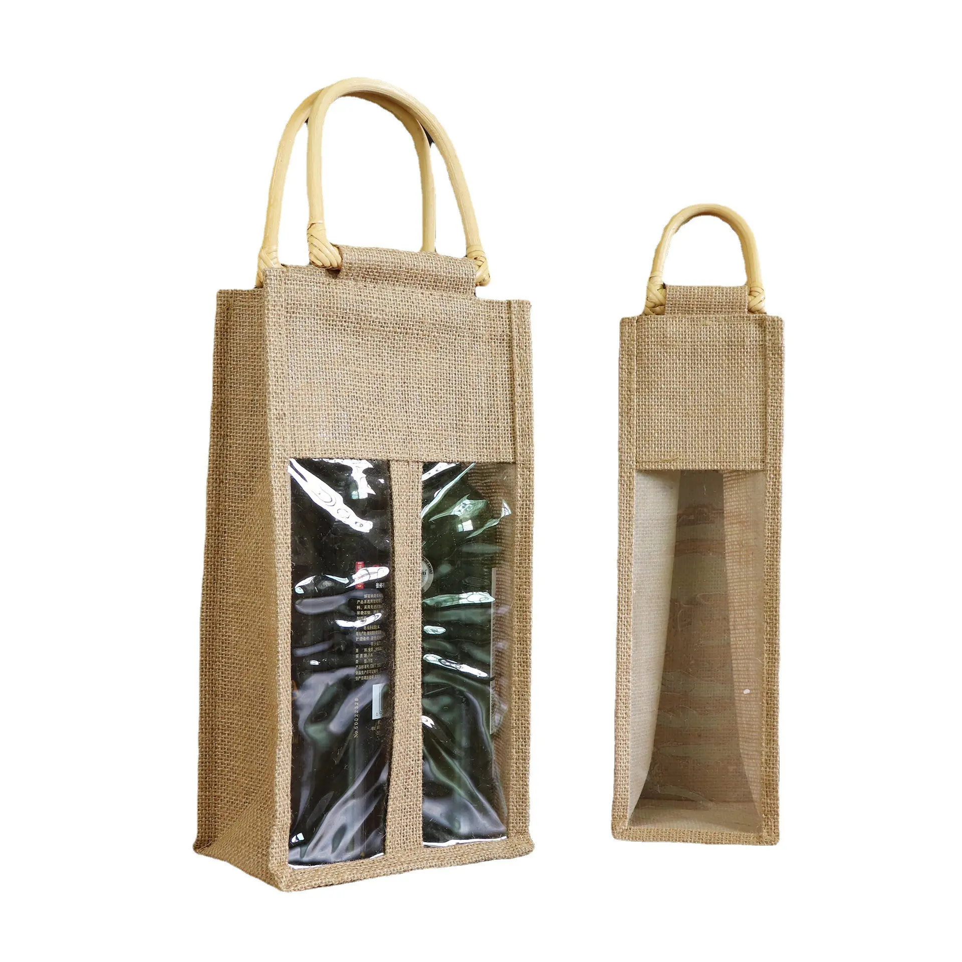 선물 토트백 사용자 정의 로고 와인 가방 재활용 맥주 축제 선물 PVC 창과 한 병 황마 가방