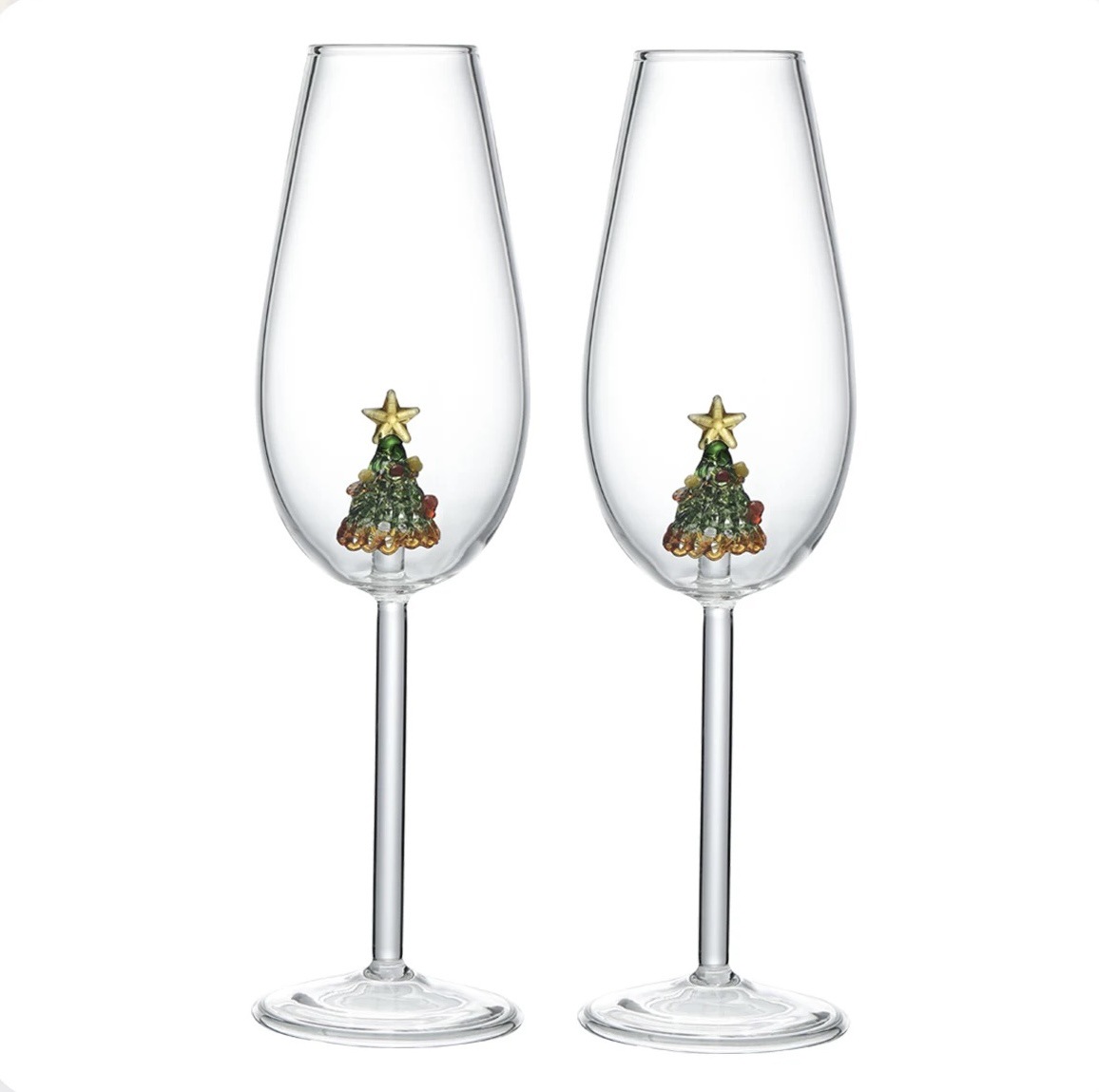 Verre à vin pétillant sapin de Noël plaqué or vert lot de deux