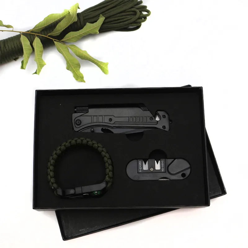 Ensemble de couteaux d'extérieur de haute qualité, aiguisoir, bracelet de sauvetage, ensemble d'outils de survie, couteau de poche avec boîte cadeau noire, 3 pièces