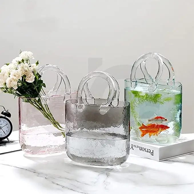 Customized Professional Purse Vase For Flowers Transparent Glass Bag Vase Unique Handbag Flower Vase