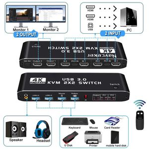 SY 2 Monitores 2 Computadoras HDMI 4K60Hz USB3.0 Conmutador KVM 2x2 2 en 2 salidas Compatible con modo extendido y copia y conmutadores Conmutador KVM HDMI