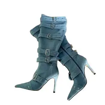 Mavi kemer tokaları kadın çizmeler Metal Stiletto yüksek topuklu uzun patik seksi Punk elbise ayakkabı kadın Denim diz yüksek çizmeler