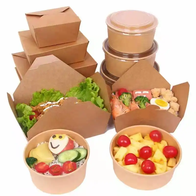 Caixa de papel kraft para comida, atacado, caixa descartável dobrável para salada, frutas e alimentos, com tampa transparente