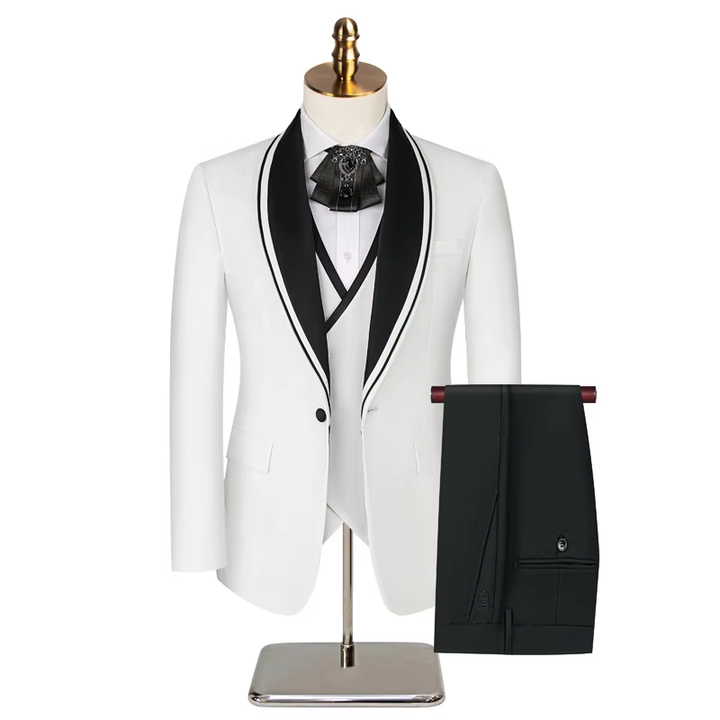 2025 Latest Design Groom Wedding Suits High Quality 3 Piece Jacket Vest Pants Slim Fit Men Suits White With Black Collar