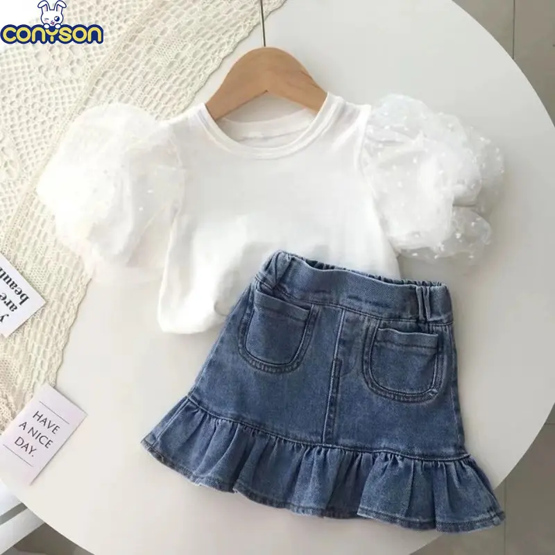 Conyson New Arrivals Summer Fashion Children Baby Designer Tshirt With Pleated Fishtail Denim Skirt Girls Kids Two Piece Sets
