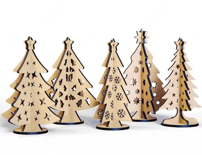 Buena venta corte láser 3D rompecabezas ensamblado árbol de Navidad de madera para decoración de mesa de Navidad