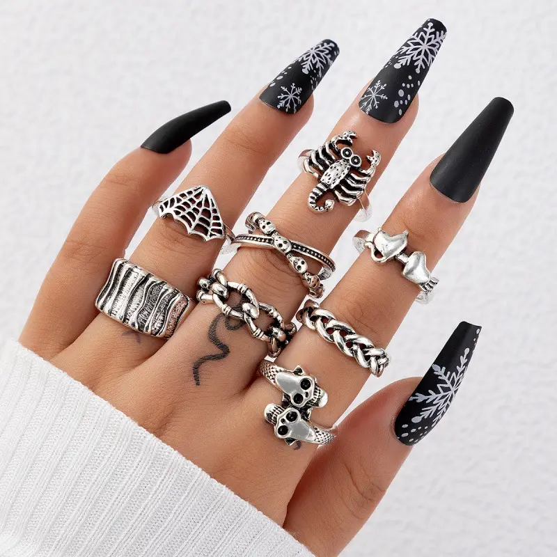 Vintage Punk Silver Color Heart Joint Ring set Charms Scorpion Spider Web Skull Skeleton Funny Party Knuckle Jewelry 8 pz/set