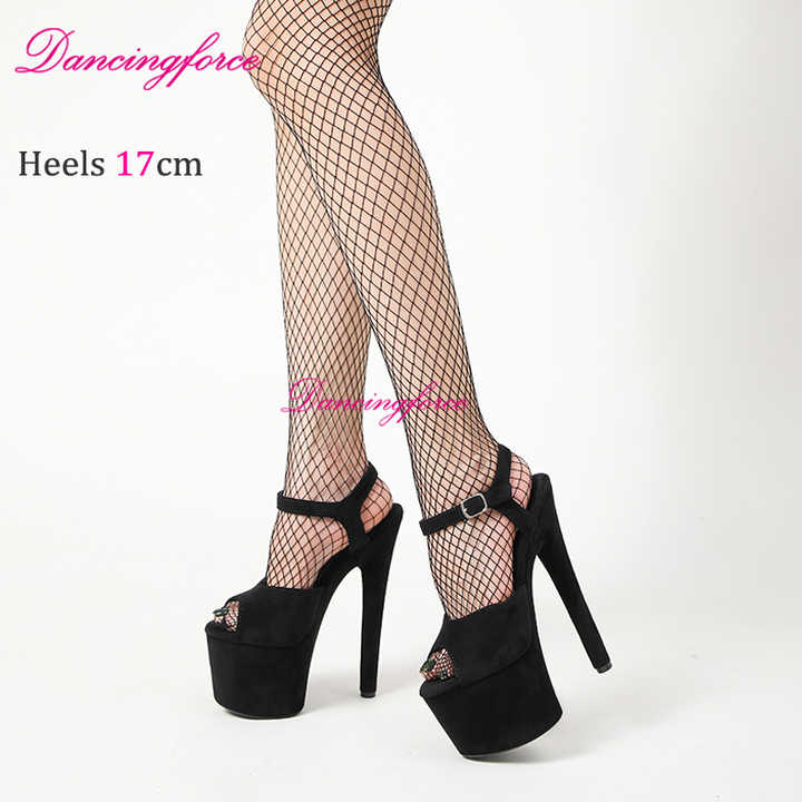 Nightclub Platform Heel Stripper Pole Dance Fishbill Sandals High Heels Black Chic Suede Sandals 7 Inches 17 Cm