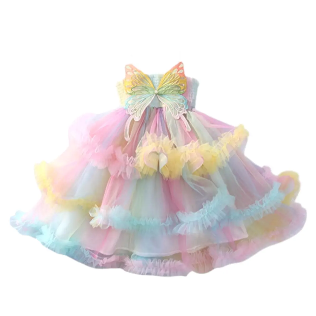 Personalización de verano de tul sin mangas vestidos de niña transpirable lindo tirantes vestidos de princesa con mariposa arcoíris