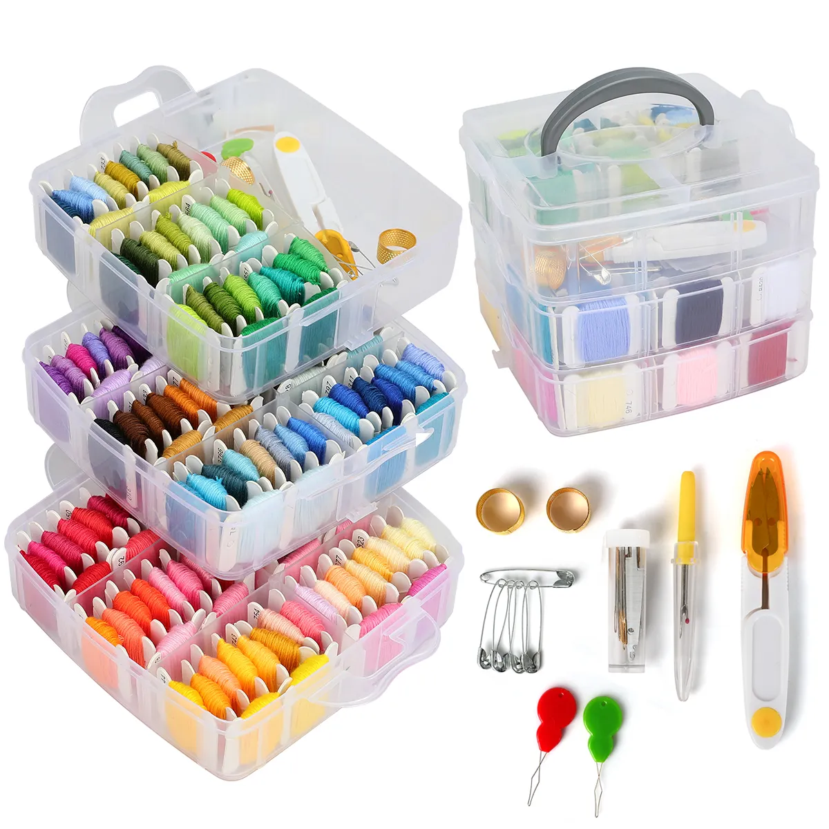 Hot-selling New 163pcs Three-layer plastic knitted storage box portable sewing kit box multi Compartment sewing organizer box