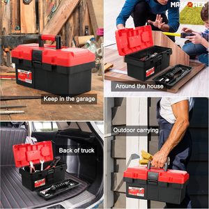 Maxpower工具箱红色14英寸塑料小工具箱，带可拆卸托盘，带双锁固定