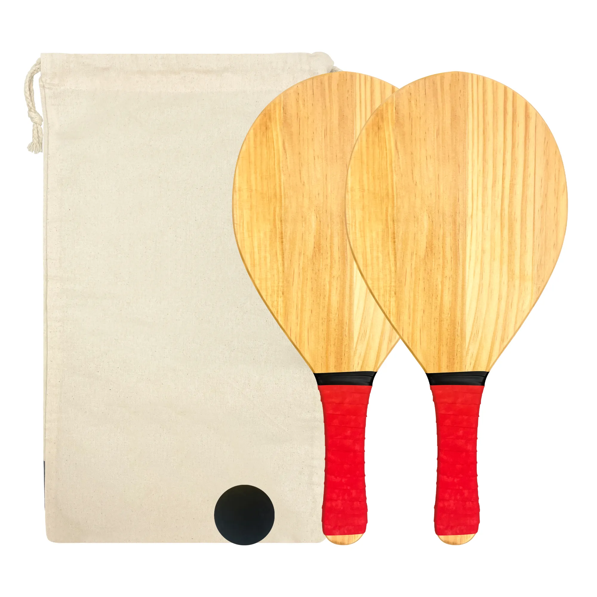 Juego completo de raquetas de madera de pino macizo, juego de raquetas de playa de madera con empuñaduras rojas con 2 paletas, 1 Bola