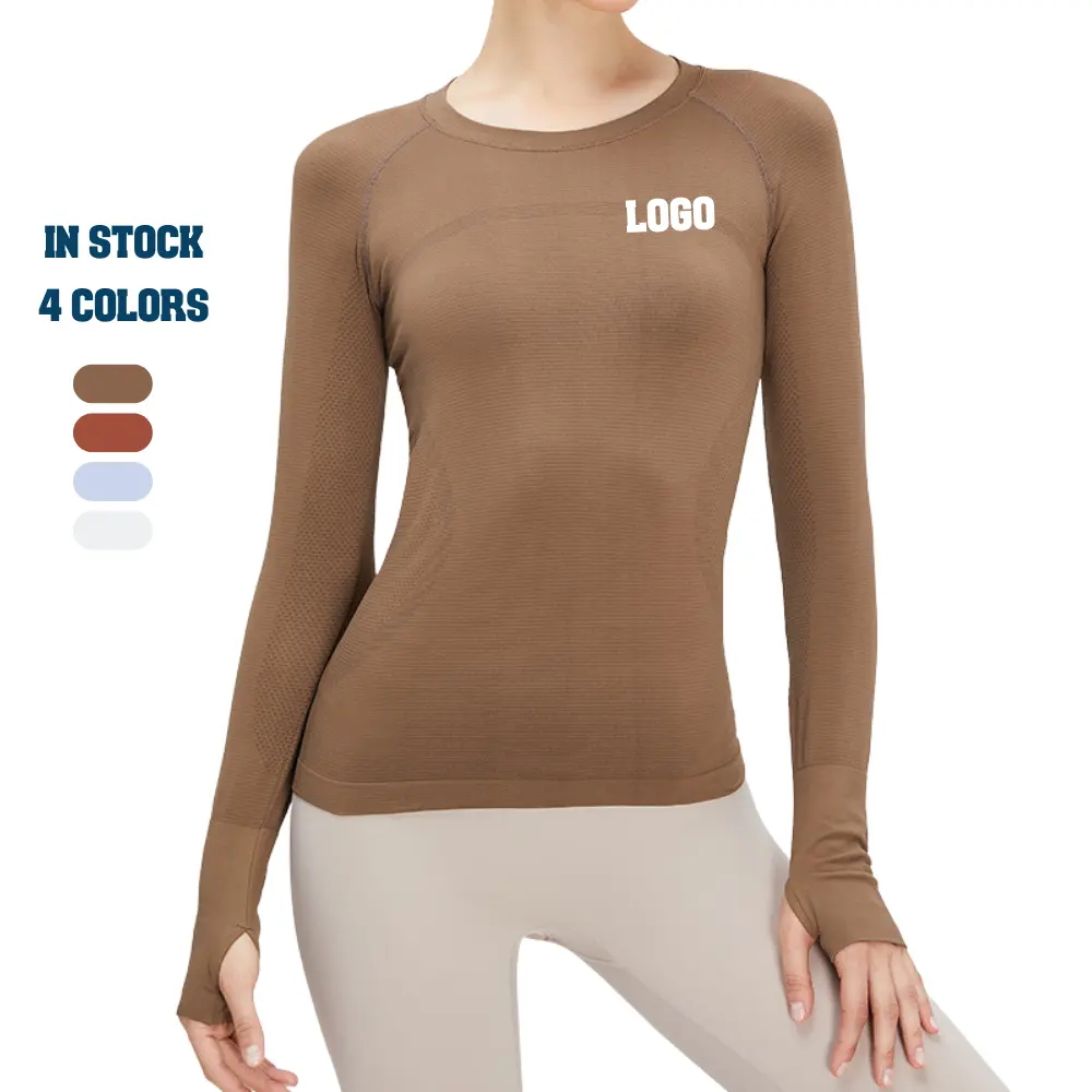 Camiseta de cuello redondo con logotipo personalizado para mujer, ropa de gimnasio ajustada para Yoga, Color sólido con manga larga y agujero para el pulgar