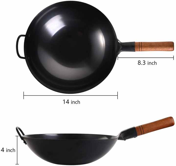14 Polegada Temperado Aço Carbono Wok Pan com Alças Duplas Hammered Stir Fry Pan Wok Asiático, Preto Aço Carbono Frying Wok
