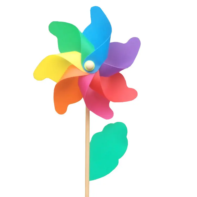 China Fábrica Preço Barato Arco-íris Plástico Poli Pétala vara de madeira 32cm moinho de vento pinwheel jardim ao ar livre Moinho De Vento Decorativo