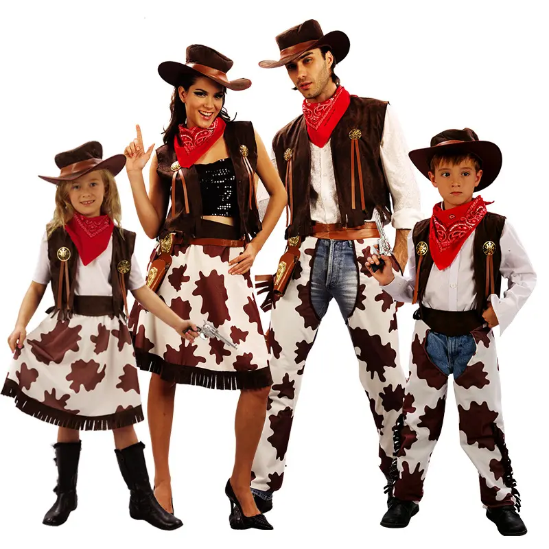 Disfraz de fiesta de vaquero occidental, vestido temático de mezclilla para niños, chaleco de vaquero, sombrero, conjunto familiar para niños