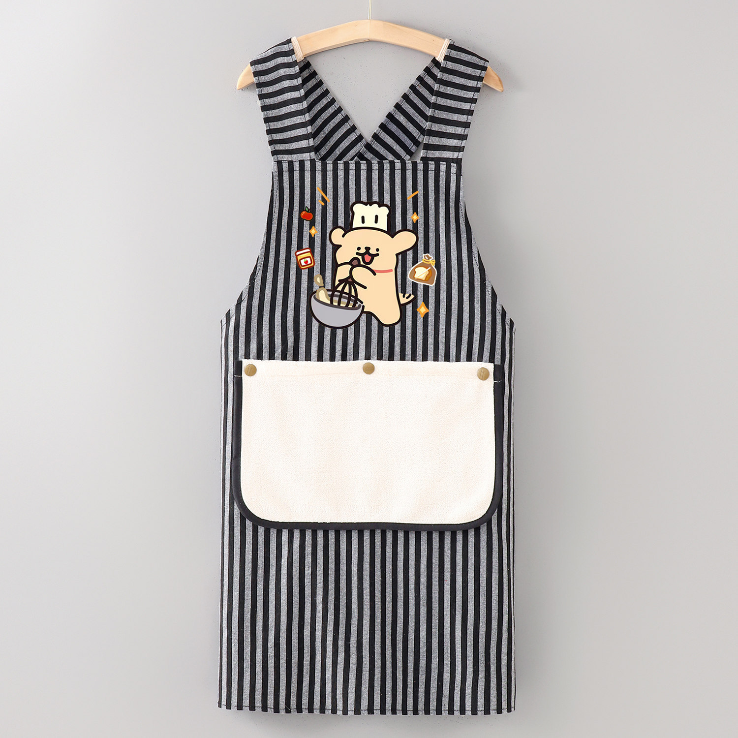 Toalla de cocina de algodón a rayas con diseño de oso negro, correa removible.
