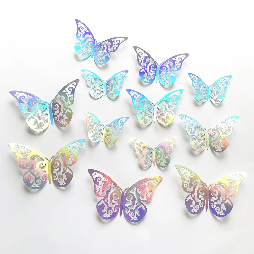 Nicro-papel tapiz hueco para fiestas, pegatinas de pared decorativas, autoadhesivas, láser 3d, mariposa deslumbrante, venta al por mayor