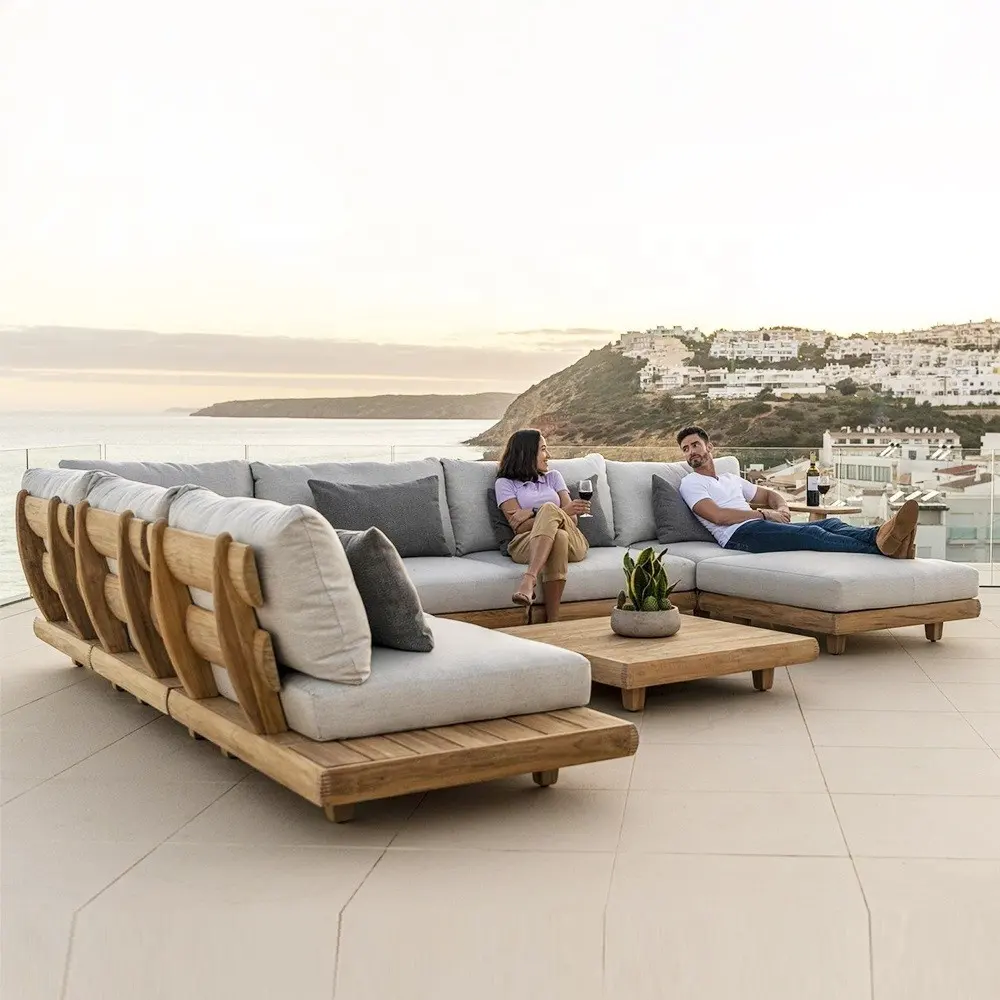 Furnitur kayu jati padat Modern, dengan bantal Set Sofa ruang tamu taman teras Hotel bagian bentuk L Sofa luar ruangan