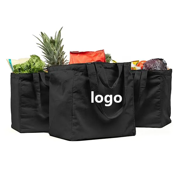 Bolsa de compras de algodón de lona de color negro lavable plegable resistente con mango largo multibolsillo personalizado para comestibles