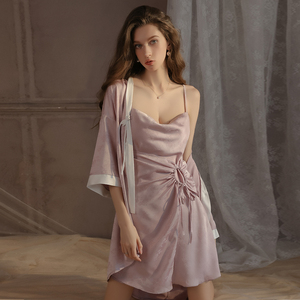 新款时尚睡衣提花缎带胸垫女式吊带睡衣法式和服睡袍家居服套装4690