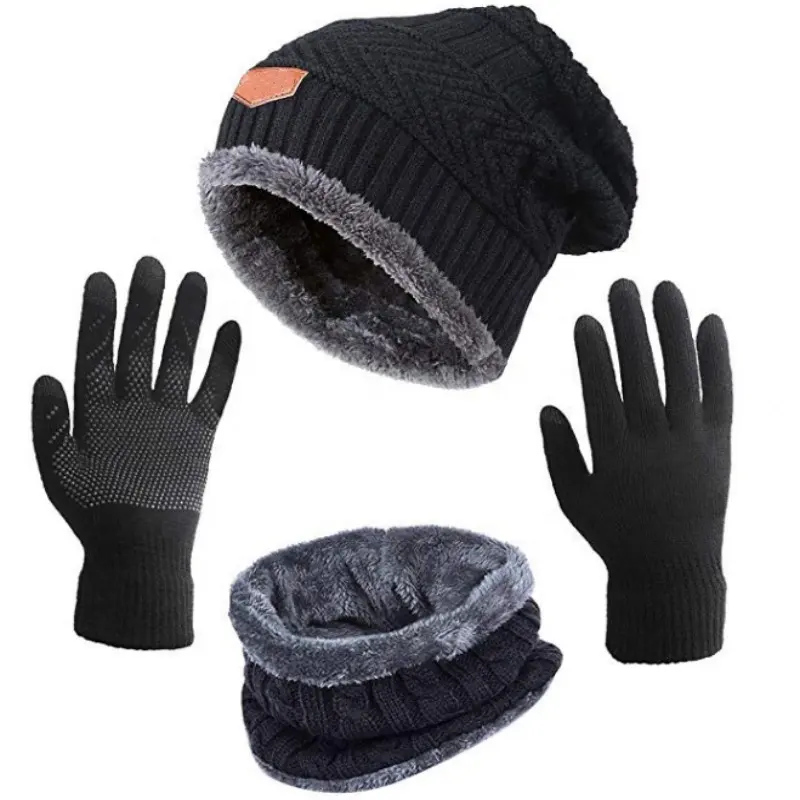 Erkekler yetişkinler çocuklar kış dokunmatik süper yumuşak polar iç astar isıtıcı bere şapka eşarp eldiven seti