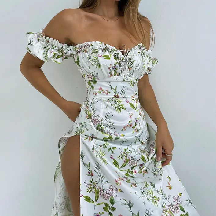 Kiteng EUA 2023 Impressão Digital Vestidos Casuais Uma palavra ombro floral alta divisão vestido lazer férias vento moda