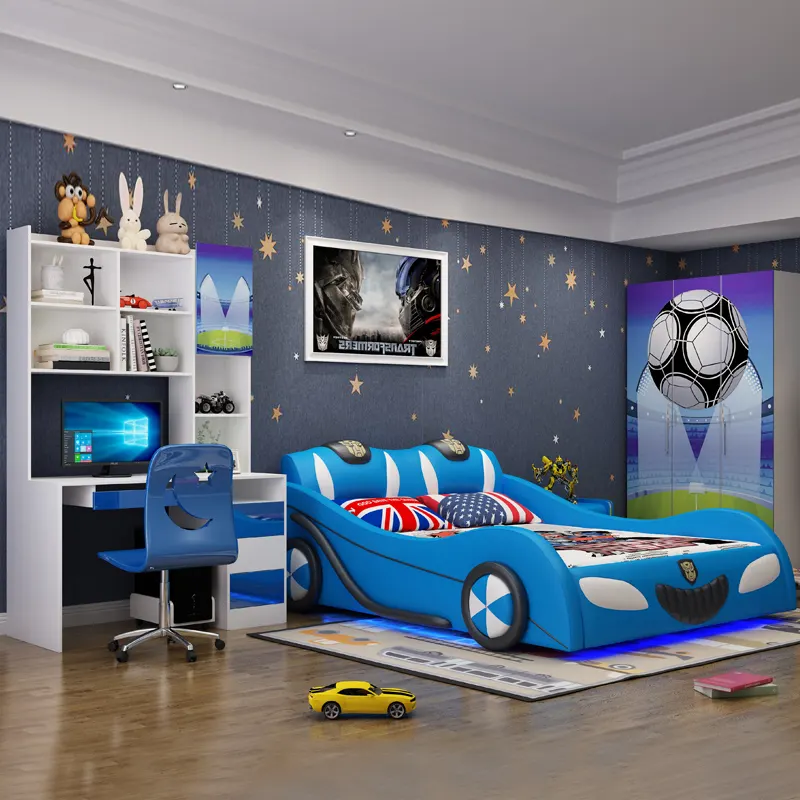 Прямая продажа с фабрики, простой креативный детский автомобиль, кровать для мальчика, мультяшная кожаная двуспальная кровать синего цвета, Детские гоночные автомобили, кровати