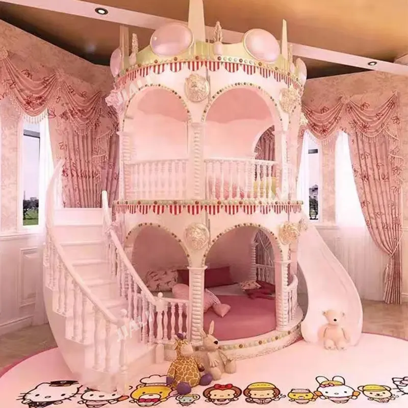 Oem Princess Castle letto a castello Bunker Bed Set di mobili per camera da letto di lusso rosa e oro per ragazze Twin Boys con armadio grande