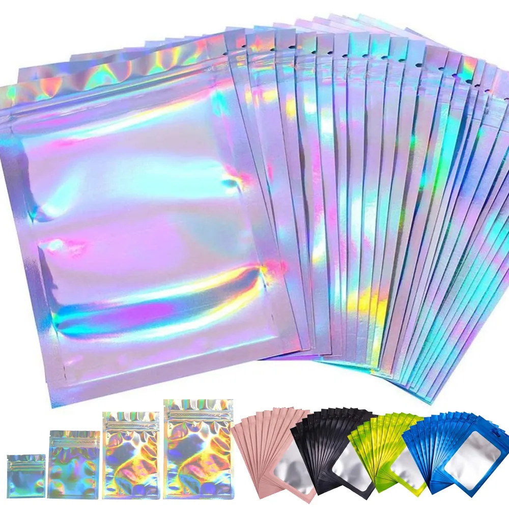 100pcs Custom Logo Small Resealable Holographic Bopp Packaging Zip lock Transparent Plastic Bag With Logo Zipper For Packaging