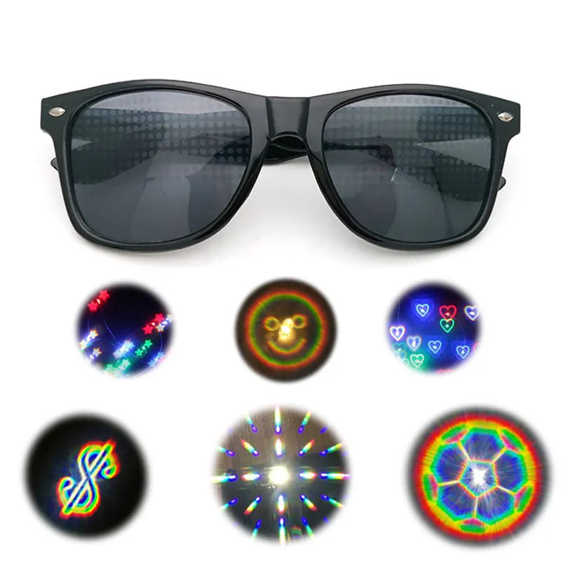 Nuevas gafas de fuegos artificiales difracción amor efectos especiales Bola de espejo óptico espectáculo de luz difracción gafas de sol 3D