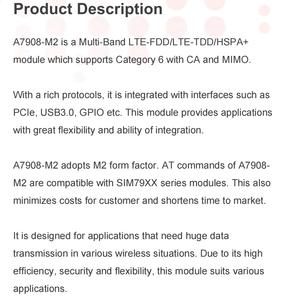 A7908E-M2 A7908SA-M2 LTE Cat6 Module -30~70&#8451; Wide Temp 4x2 MIMO CA FOTA ROHS CE RCM <strong>GPIO</strong> I2C Diversity