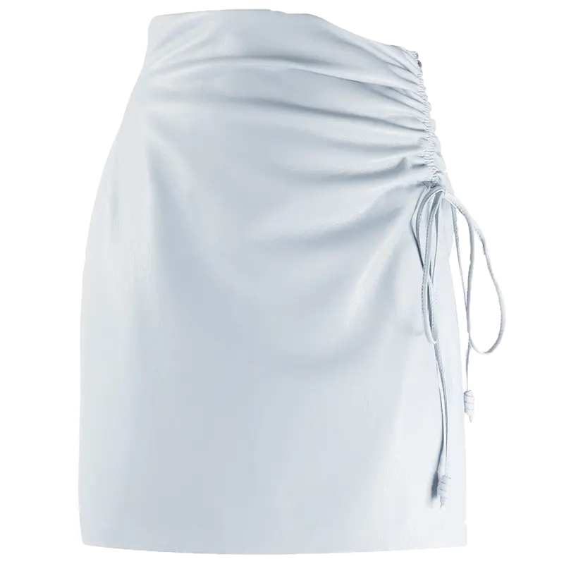 女性のためのカスタマイズされたスタイリッシュでエレガントでセクシーな巾着スカートダスティブルーショートウーマン革フェイクスカートラップアラウンドスカート
