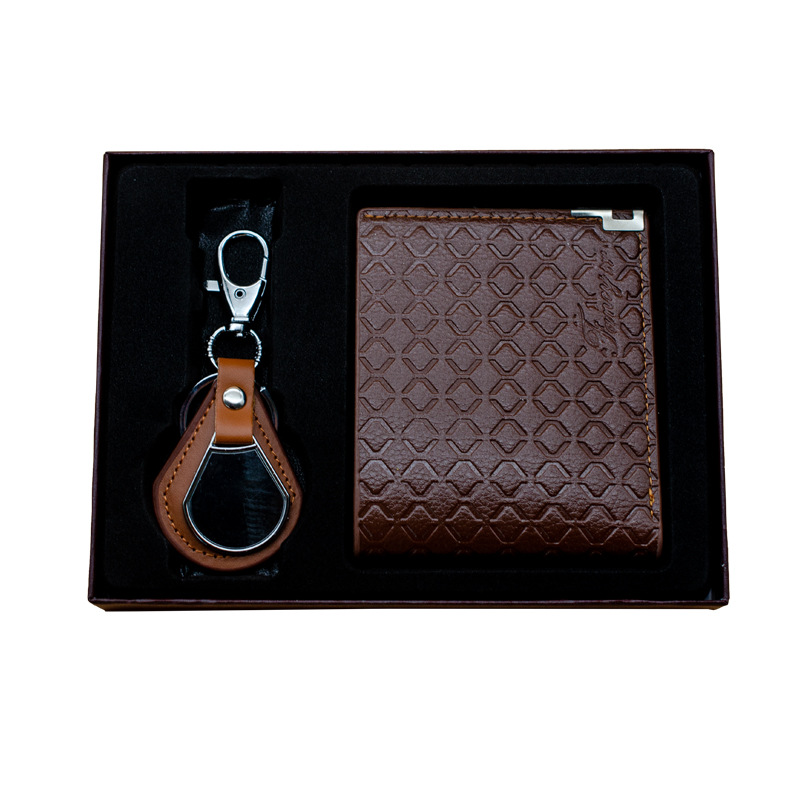 3-piece set in brown (wallet, keychain, and exquisite gift box)