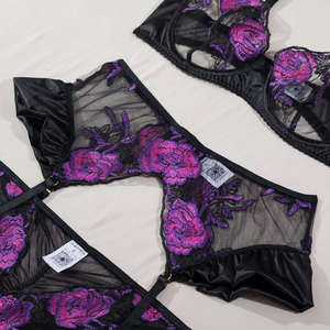 Women's Sexy <strong>Transparent</strong> Floral Set with Rose Embroidery Mature Fashionable <strong>G</strong>-<strong>String</strong> Lingerie in Size L