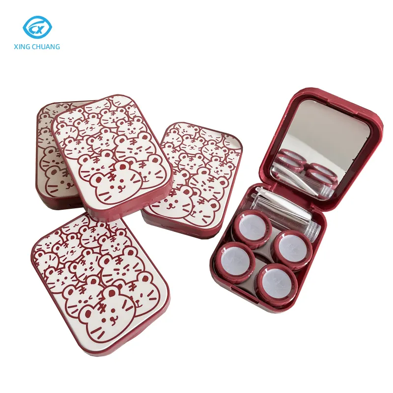 Little tiger pattern two pairs of contact lenses Red contact lens case with mirror contact lens storage box