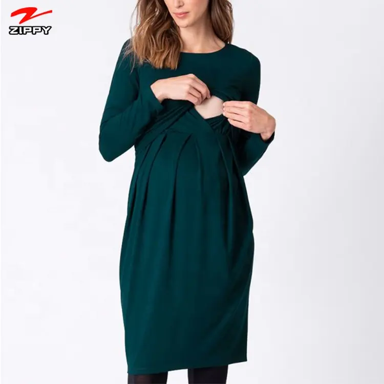 O design de cor sólida vestido para maternidade, manga comprida durante a gravidez e amarração é uma roupa feminina grávida única