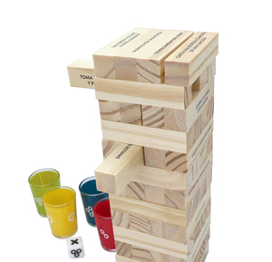 Drinking Game 52 <strong>Blocks</strong> Wooden Tumbling Tower Stacking Party Game with Entertaining <strong>Commands</strong> 1Dice 4 Glass Cups - Product Image 1