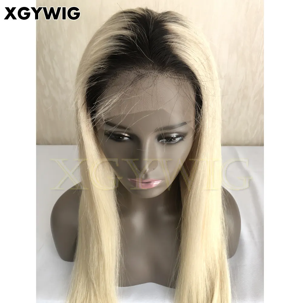 Xgywig peruca de cabelo brasileiro, 10 "-30" em estoque 100% virgem cabelo humano t1b/613 # ombre dois tons loiro colorido raízes escuras renda completa