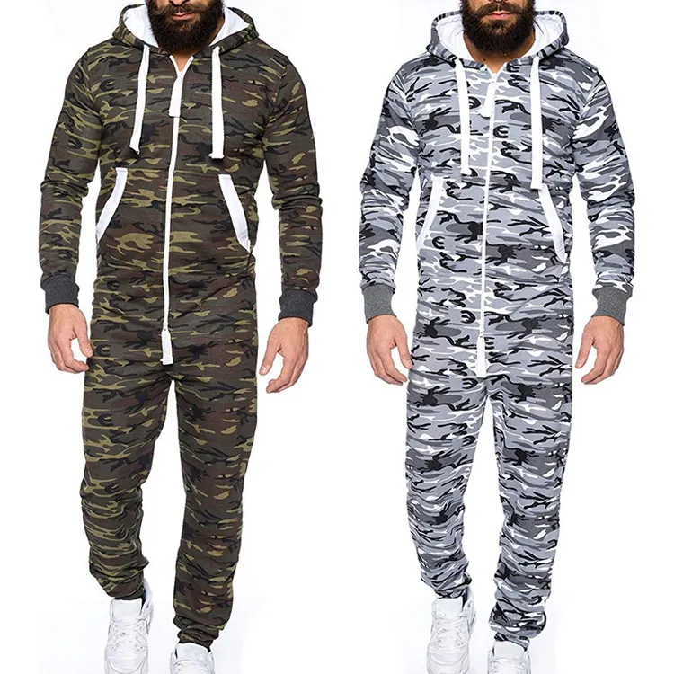 Pigiama da uomo all'ingrosso pigiama lungo da uomo OEM pigiama da notte con cappuccio completo con cerniera in cotone Camo tuta tutina per uomo