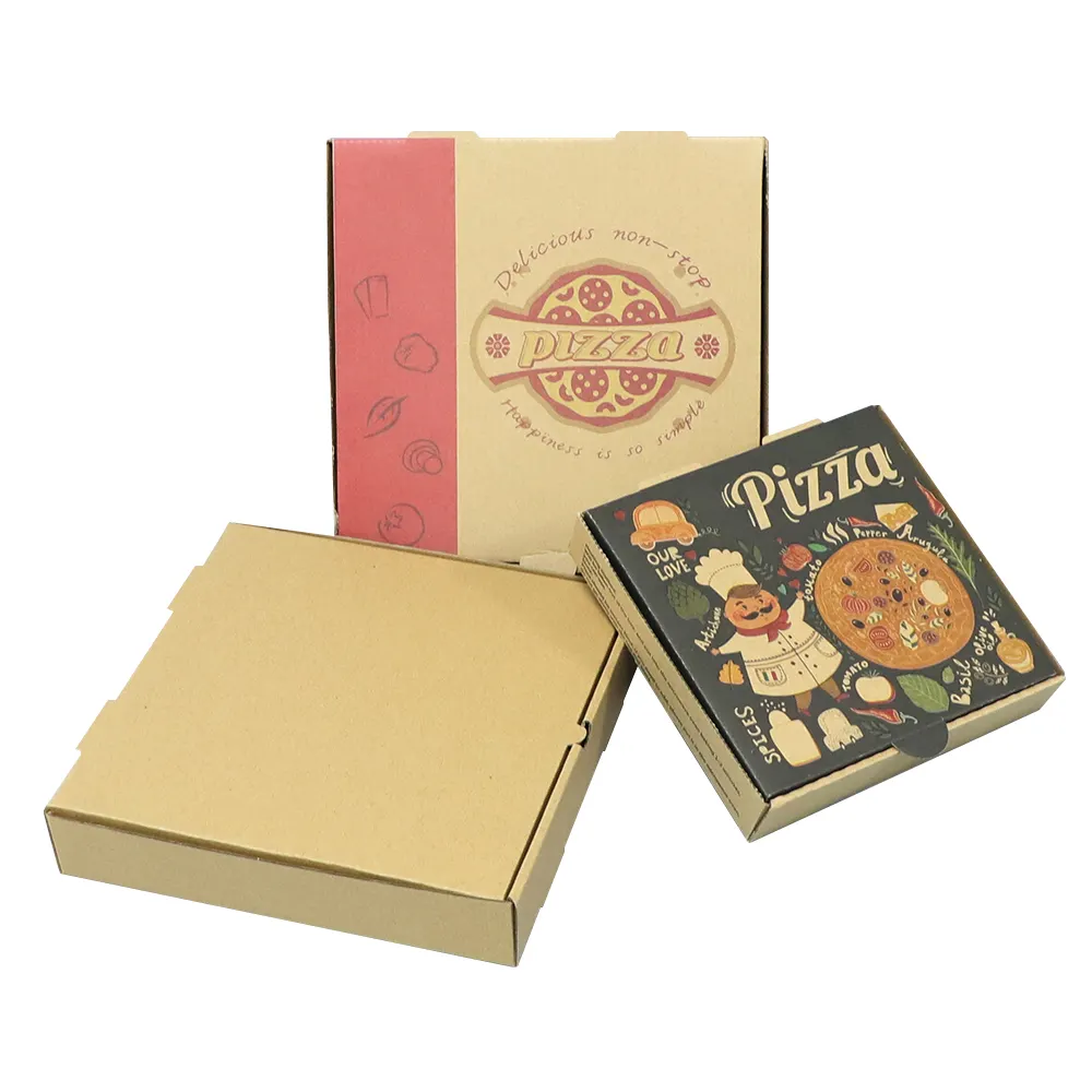 Cajas de pizza de Papel kraft para hamburguesas y patatas fritas corrugadas populares, caja de embalaje de masa de pizza conveniente con logotipo personalizado
