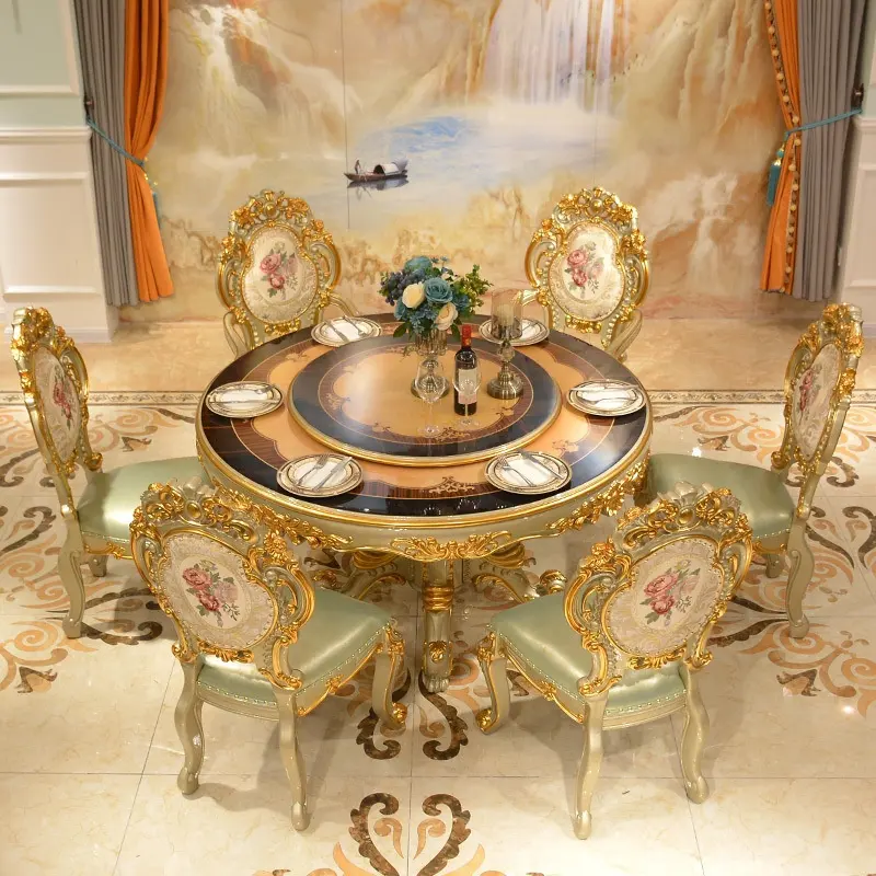 Katı meşe kraliyet yemek masası altın, yemek odası takımı lüks yuvarlak İtalyan yemek masası lüks, mermer yemek masası seti 8 kişilik