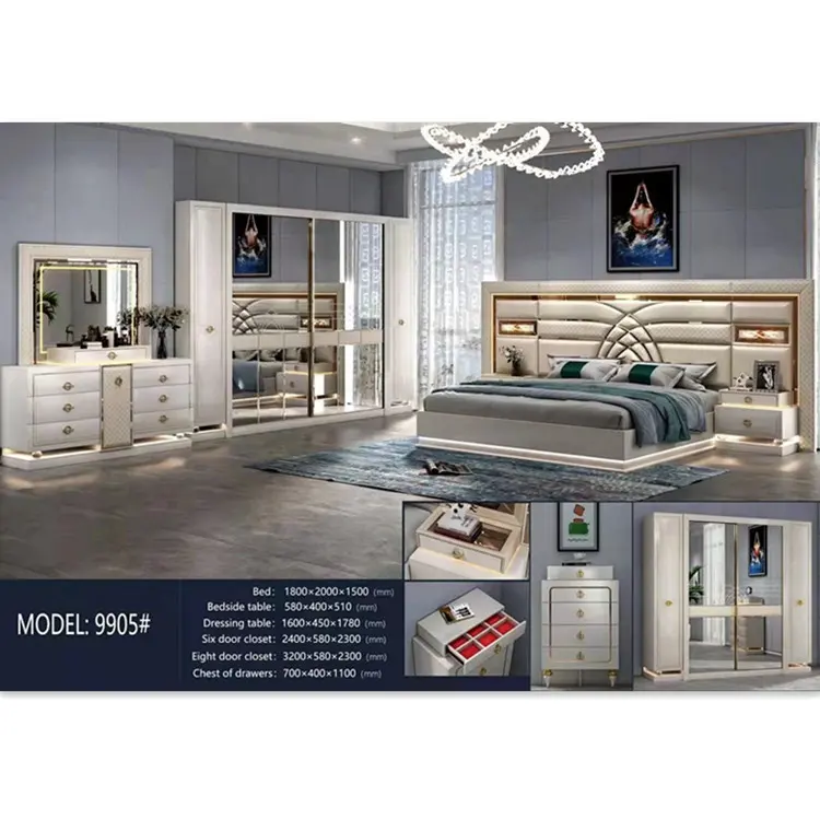 Nuovissimi set di mobili per camera da letto king di lusso illuminati a LED moderni lucidi completi di camere da letto king size