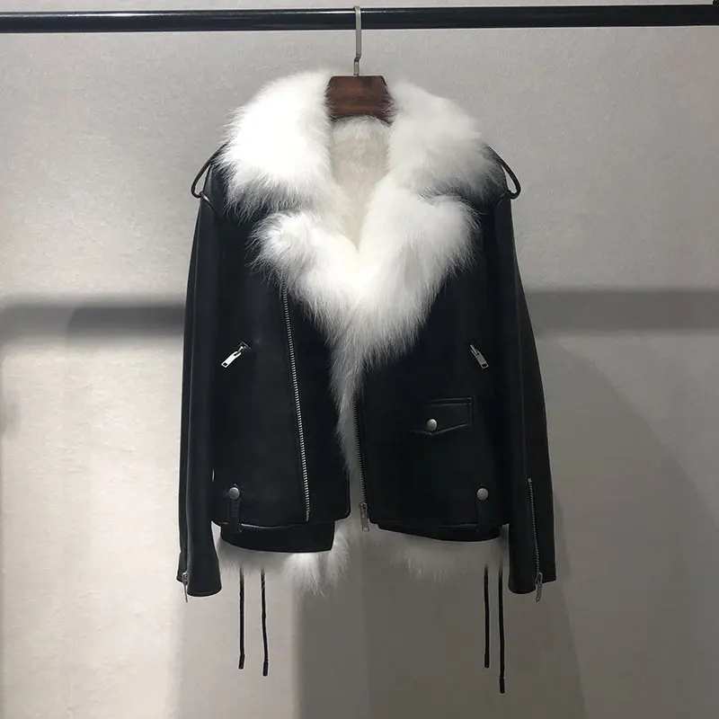 Mewell Leather Motorcycle Short Coat Real White Fox Fur Vest Lining Chic Winter Warm Women's Genuine Sheepskin Leather Jacket