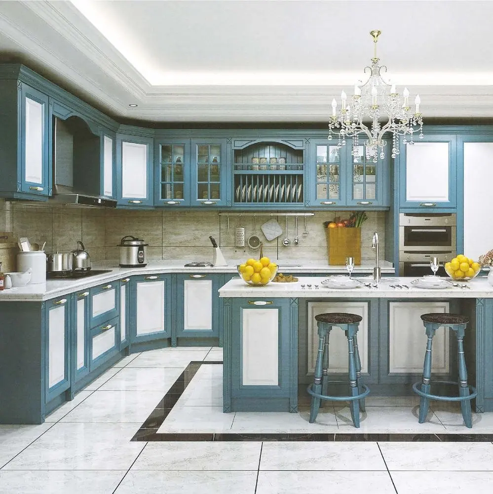 Bleu méditerranéen style italien modulaire armoires de cuisine en bois massif avec certificat CE