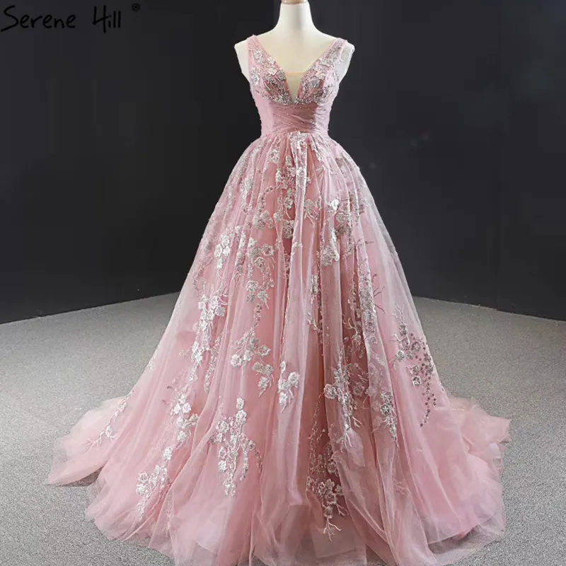 गुलाबी एक लाइन हस्तनिर्मित फूल शादी की पोशाक 2021 निर्मल हिल HM66971 सुरुचिपूर्ण राजकुमारी वी गर्दन बिना आस्तीन दुल्हन पार्टी गाउन