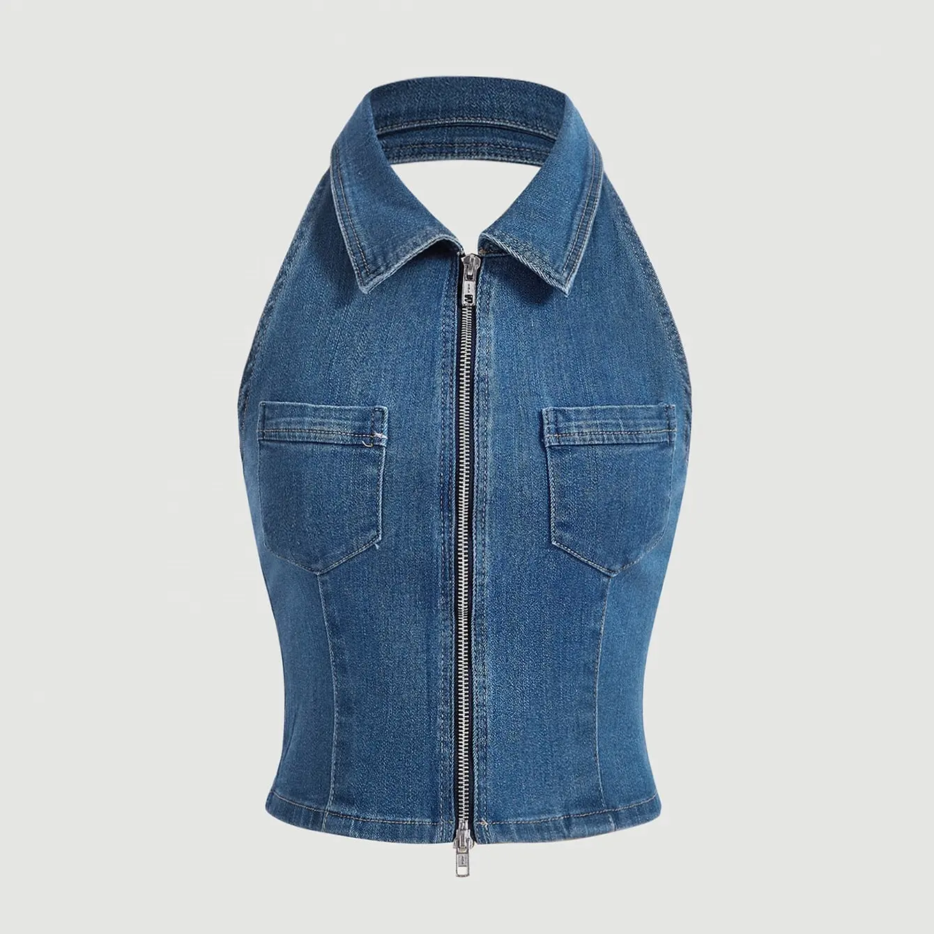 WT010 ODM OEM donna denim corsetto top zip up halter denim top donna denim tubo jeans top per le donne