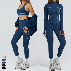 ชุดเสื้อแจ็กเก็ตแบบมีซิปเต็มตัวรัดรูปสีนู้ดสำหรับผู้หญิงชุดโยคะกีฬาเลกกิ้งเอวสูงรัดรูปสีตัดกัน - Product Image 1