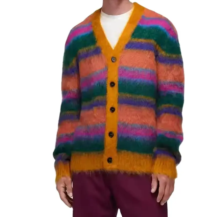 Suéter de lana cárdigan de manga larga con cuello en V de mohair de alta calidad para hombre de diseñador con logotipo y patrón de rayas ODM Supply